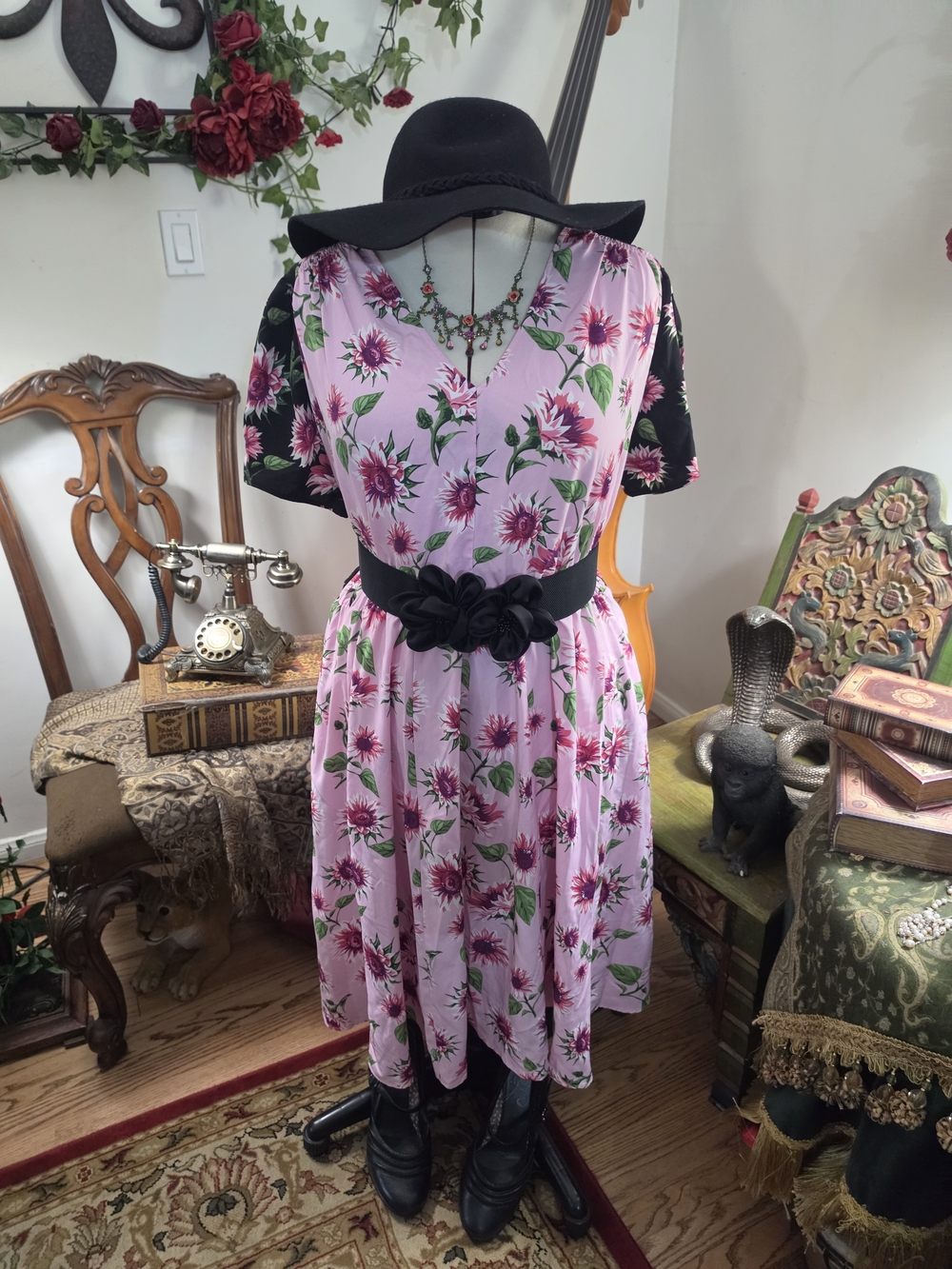 Unique Vintage Pink Floral Midi Dress with Black Accents